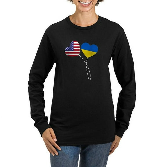 CafePress - Loving USA Ukraine Flag Heart Long Sleeve T Shirt - Women's Long Sleeve Graphic Tee Casual Fit