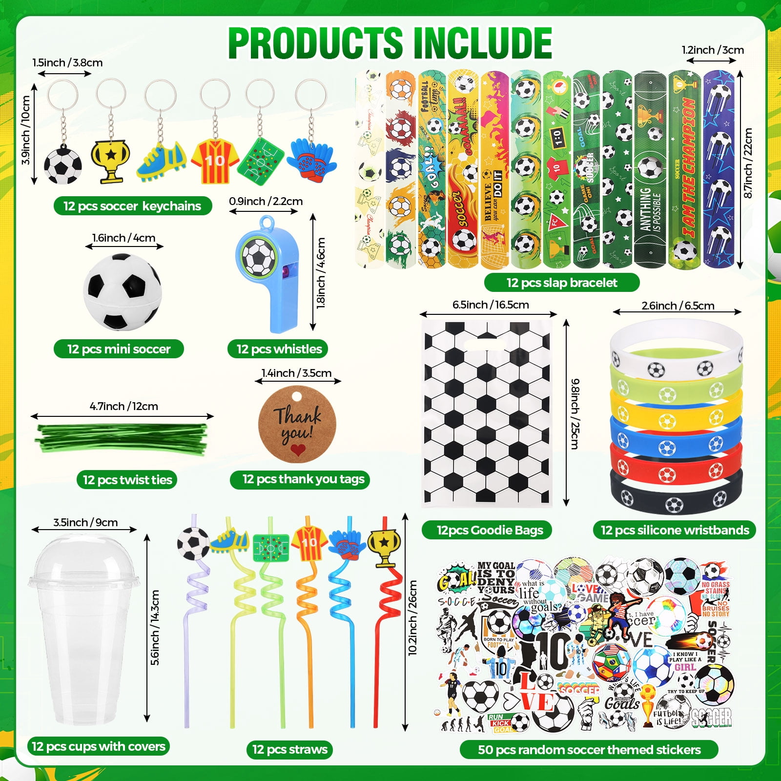 170PCS Soccer Party Favors for Kids, Birthday Party Supplies, Goodie Bags Set with Cups, Straws, Bracelets, Stickers, Mini Balls, Soccer Gifts for Boys