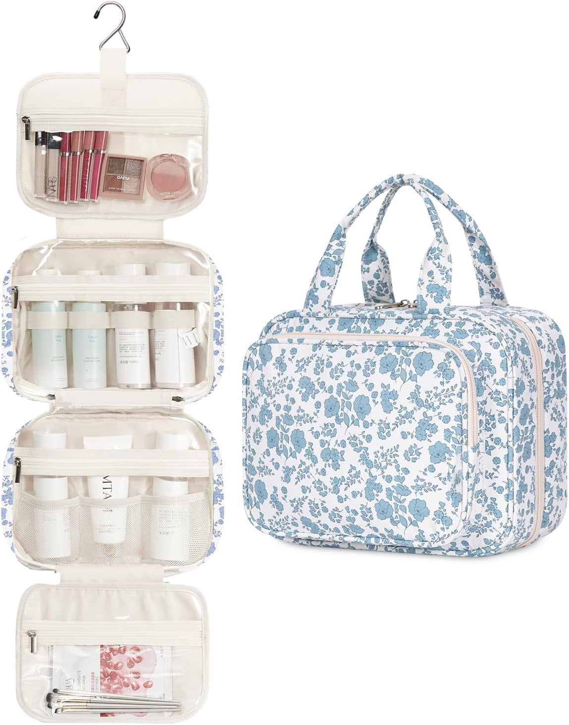 Hanging Travel Toiletry Bag with Hook, Makeup Bags for Women Cosmetic Organizer Toiletries for Brush Shampoo Travel Essentials, Blue Flower