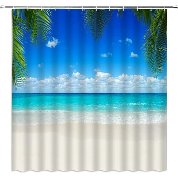 Ocean Shower Curtain Tropical Beach Summer Seaside Scene Palm Leaf Blue