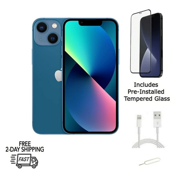 Restored Apple iPhone 13 (Unlocked) 128GB Blue (A2482) Bundle with Pre-Installed Tempered Glass