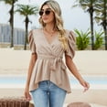 thumbnail image 3 of Yesfashion Women Dressy Deep V Neck Belted Tie Peplum Tops Empire Waist Wrap Blouse Puff Short Sleeve Shirt, 3 of 5