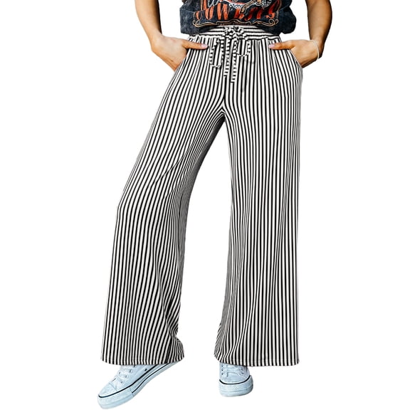 Eytino Pants for Women Wide Leg Drawstring Elastic Waist Striped High Waisted Palazzo Trousers with Pockets