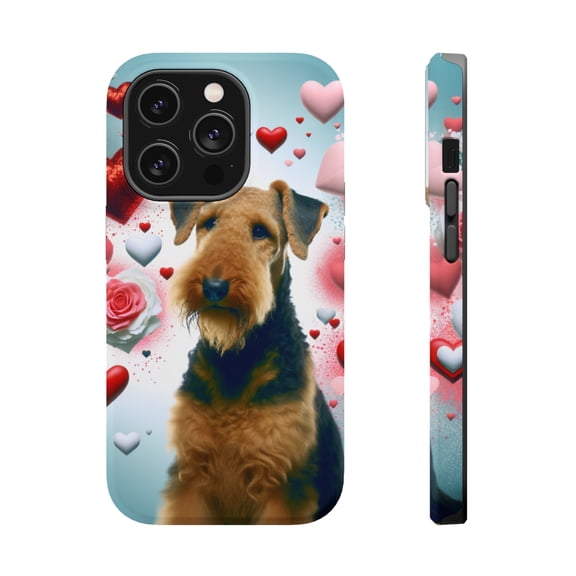 DistinctInk Tough Case for Apple iPhone 13 Pro MAX (6.7" Screen), Compatible with MagSafe Charging - Valentine's Day Airedale Terrier