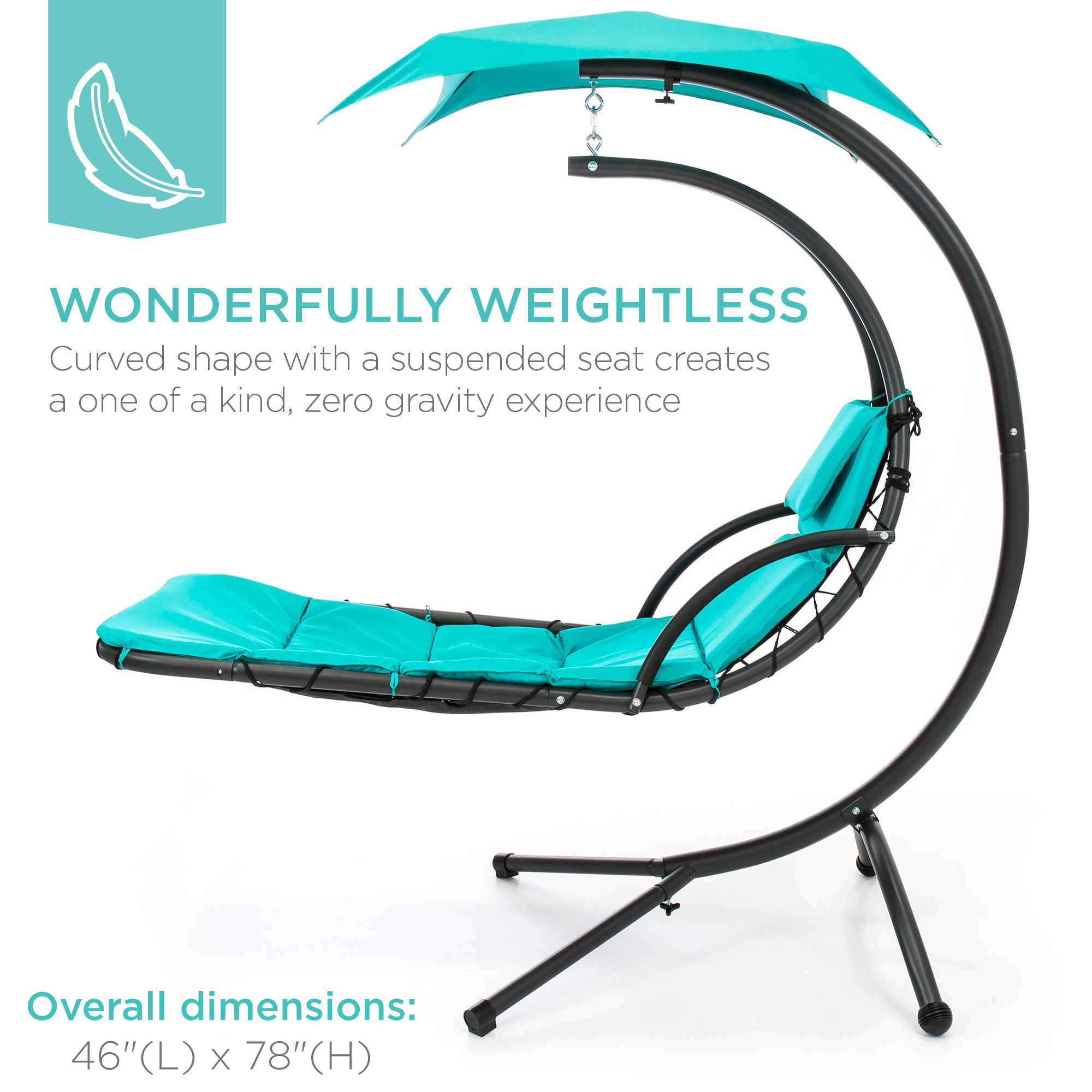 Best Choice Products Hanging Curved Chaise Lounge Chair Swing for Backyard, Patio w/ Pillow, Shade, Stand - Teal - image 3 of 8