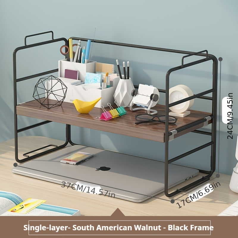 2‑Tier Bountiful Desktop Shelf Organizer Adjustable Tabletop Storage Rack Black Metal Frame with Walnut Wood Shelves Multi‑Functional Organizer for Desk & Office Cubicle
