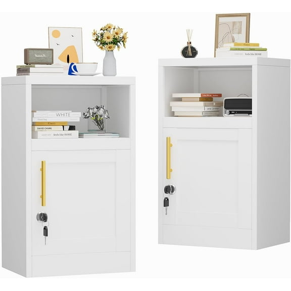 Metal White Nightstands Set of 2 with Lock, File Cabinet with Shelves Storage Cabinet,28" Modern Side Table with Door and Open Shelf, Bedside End Table for Bedroom, Dorm and Small Spaces