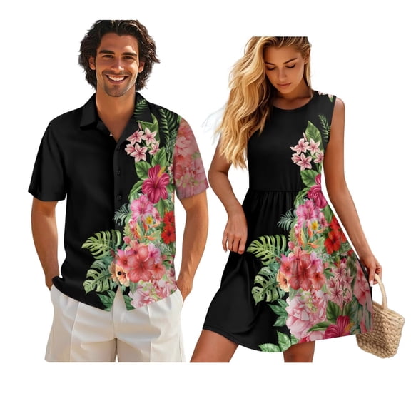 Uorisanigo Hawaiian Flower Couples' Outfits Husban and Wife Clothing Short Sleeve Shirt for Men Light Beach Shirts and Women's Summer Dress Tank Patchwork Hawaiian Party Sundress