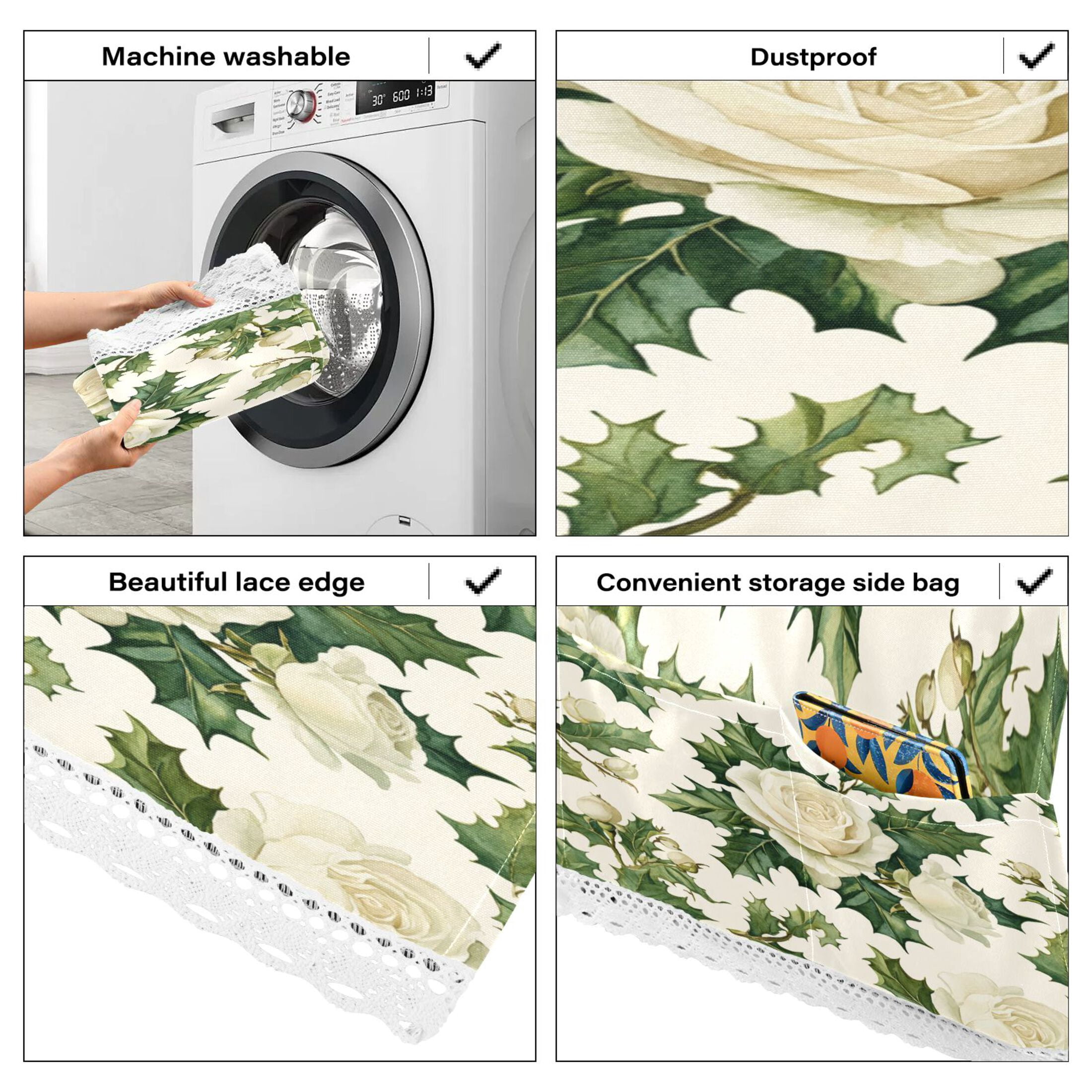 White Roses and Holly LeavesWasher and Dryer Covers Dust-Proof and Oil Resistant Fridge Cover with 4 Storage Pockets Washing Machine Top Cover for Laundry Kitchen Home 51.2 x 22 In