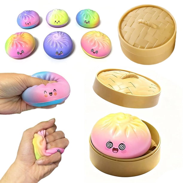 Dumpling Squishies Mystery Set with Steamer Box, Super Mega Rainbow Dumplings, Jumbo Sensory Stress Relief Fidget Toy, Giant Pink Dumpling Squishies Stress Ball for Anxiety Relief for Adults and Teen