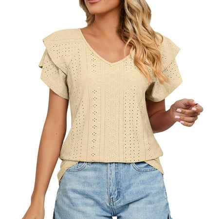 

Blank Shirts Long Sleeve Layering Tops for Women Summer T Shirts Spring And Summer New Short Sleeve V Neck Shrink Pleated Solid Color Blouse with Big Shirt Women plus Pajama Shirts Women