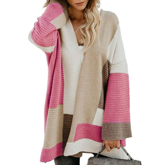 Women Bell Sleeve Sweater Cardigan Geometric Color Block Midi Long Outwear Open Front Baggy Oversized Loose Knitted Coat