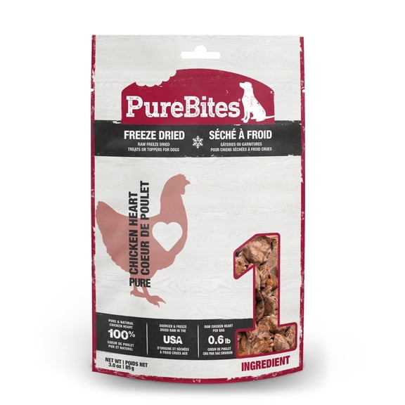 PureBites Freeze Dried Chicken Heart Dog Treats, 1 Ingredient, 3oz