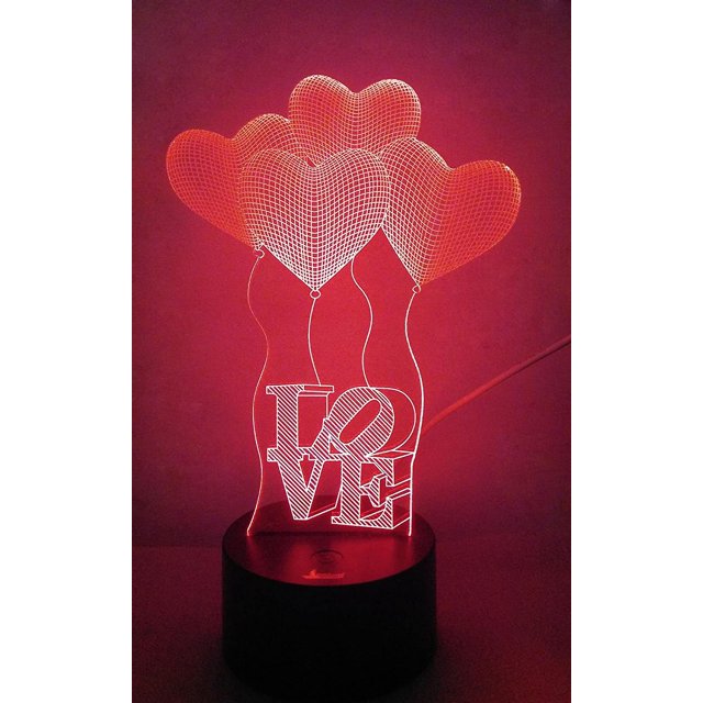 Love And Balloon 3d Night Light Lámpara de ilusión LED Lámpara de mesita de noche Lámpara de mesa, 7 luces que cambian de color con acrílico Flat Abs Base Cargador USB Feliz Sencillez
