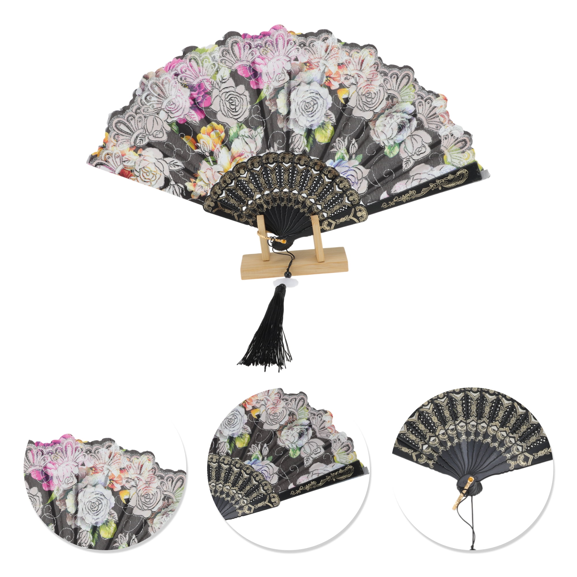 Unique Bargains Rose Print With Tassel Folding Fan 1 Pc For Events Decorations Black