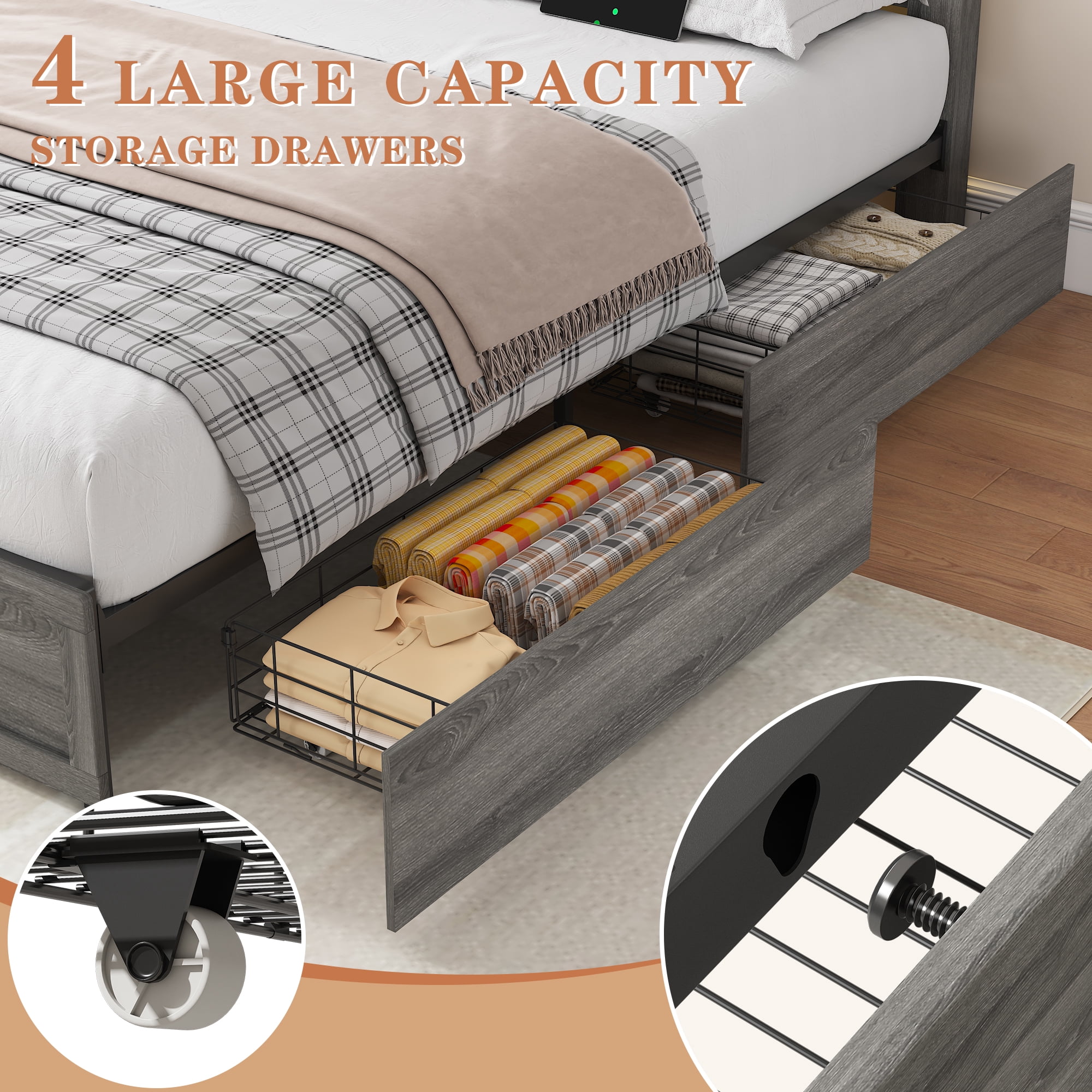 Miniyam Full Size Bed Frame with Storage Drawers, LED Lights, Charging Station, Barn Door Headboard, Metal Slats, Gray
