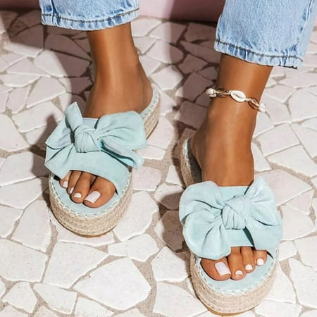 

LnjYIGJ Women s Slippers Women s Casual Comfortable Vacation Bow Straw Platform Flat Sandals