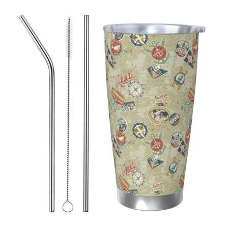 

Susaid Marine Sailing Badges Print 20oz Car Cup Insulated Coffee Cup Fully Spill Proof Travel Coffee Mug Stainless Steel Tumbler for Work Home Outdoor Car-Straw Three-piece Set