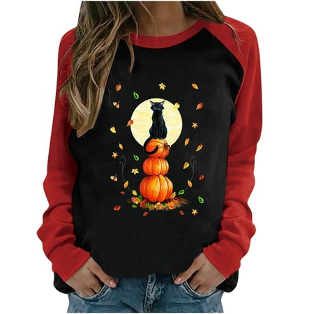 

Women Pumpkin Printed Sweatshirt Halloween Cute Casual Long Sleeve Round Neck Pullover Tops Casual Patchwork Plus Size Shirt Blouse