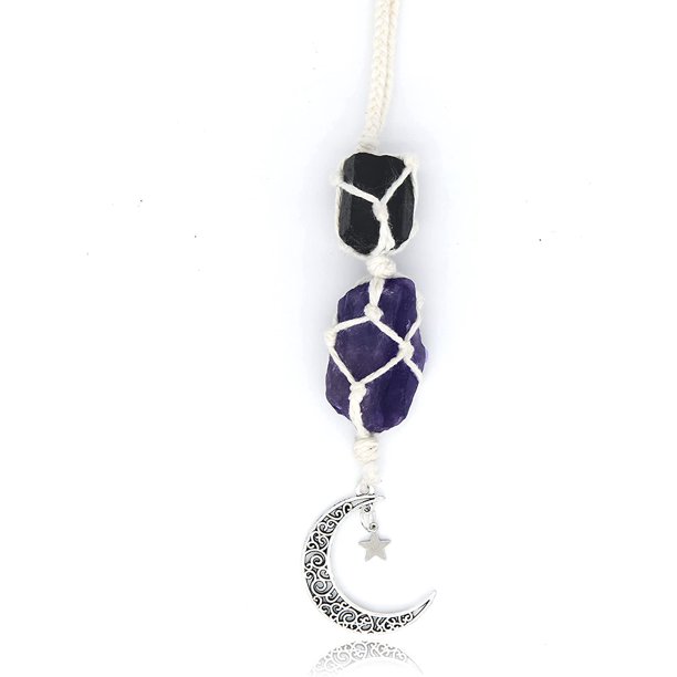 Adorno de grulla - Turmalina negra, Amatista - Luna colgante, Adorno de cristal curativo, Adorno de espejo retrovisor - Anclaje, Confianza, Protección, Equilibrio, Energía, Espiritualidad JM