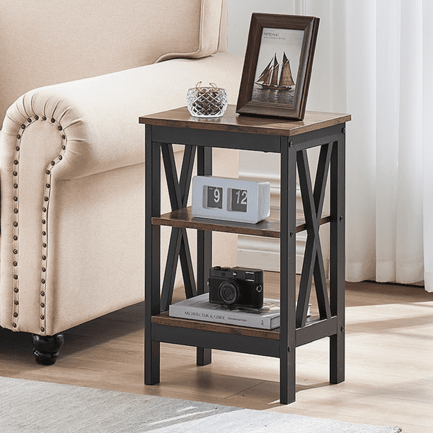 VECELO 3-Tier X-Design Nightstand, Bedside/End Table Storage Shelf For Living Room Bedroom Furniture, Brown