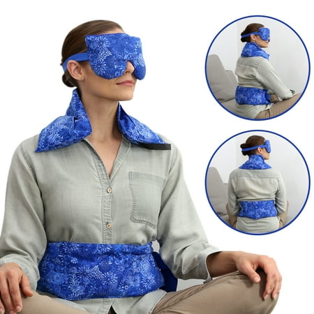 Hot Pockets Set of 3 Microwaveable Rice Heating Pads - Includes Heating pad for Neck and Shoulders + Back Pain + Lavender Eye Pillow for Stress Relief (Blue Flowers)