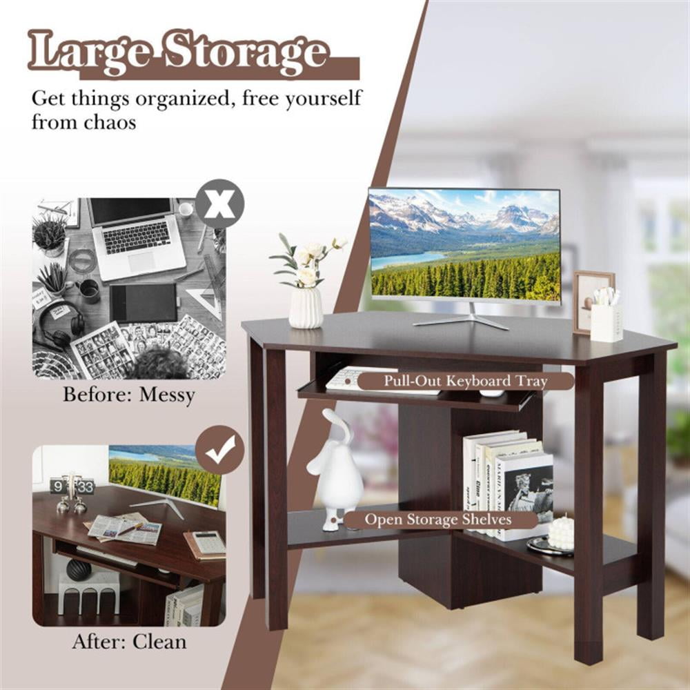 Demi Bonn Wooden Computer Corner Desk with Drawer for Home Office Sturdy Writing Workstation, Brown