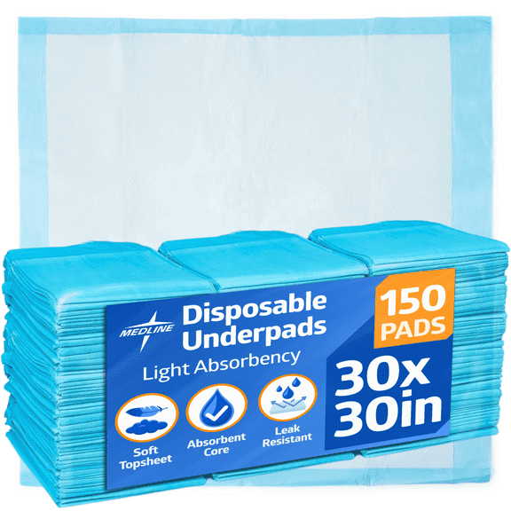 Medline Disposable Adult Bed Pads for Incontinence, Furniture, or Pets, Medium, Light Absorbency, 30 x 30in, 150 Count