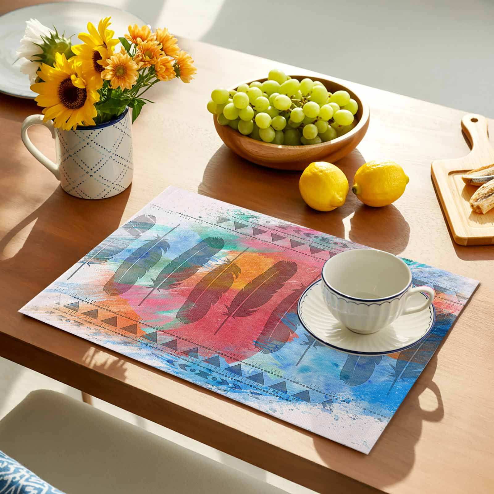 Medi-eval Feather, Placemats Set of 4, Bohemia Abstract Shabby Chic Art Placemats for Dining Table, Place Mats for Kitchen Tabletop, Waterproof Wipeable Dining Table Mats Set