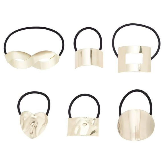 6 Pcs 6 Styles Ponytail Hair Cuff Cube Square Heart Alloy Findings String Light Gold Elastic Rubber Hair Ties Metal Circle Ponytail Holder Hair Band Accessory for Women Long Hair Black DIY