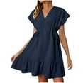 thumbnail image 1 of Yuyuzo Robes d'Été pour Femmes à Manches Courtes, Col en V, Robe Soleil à Cordon, Décontractée, à Volants, Ligne A, Mini, Style Babydoll, 1 of 7