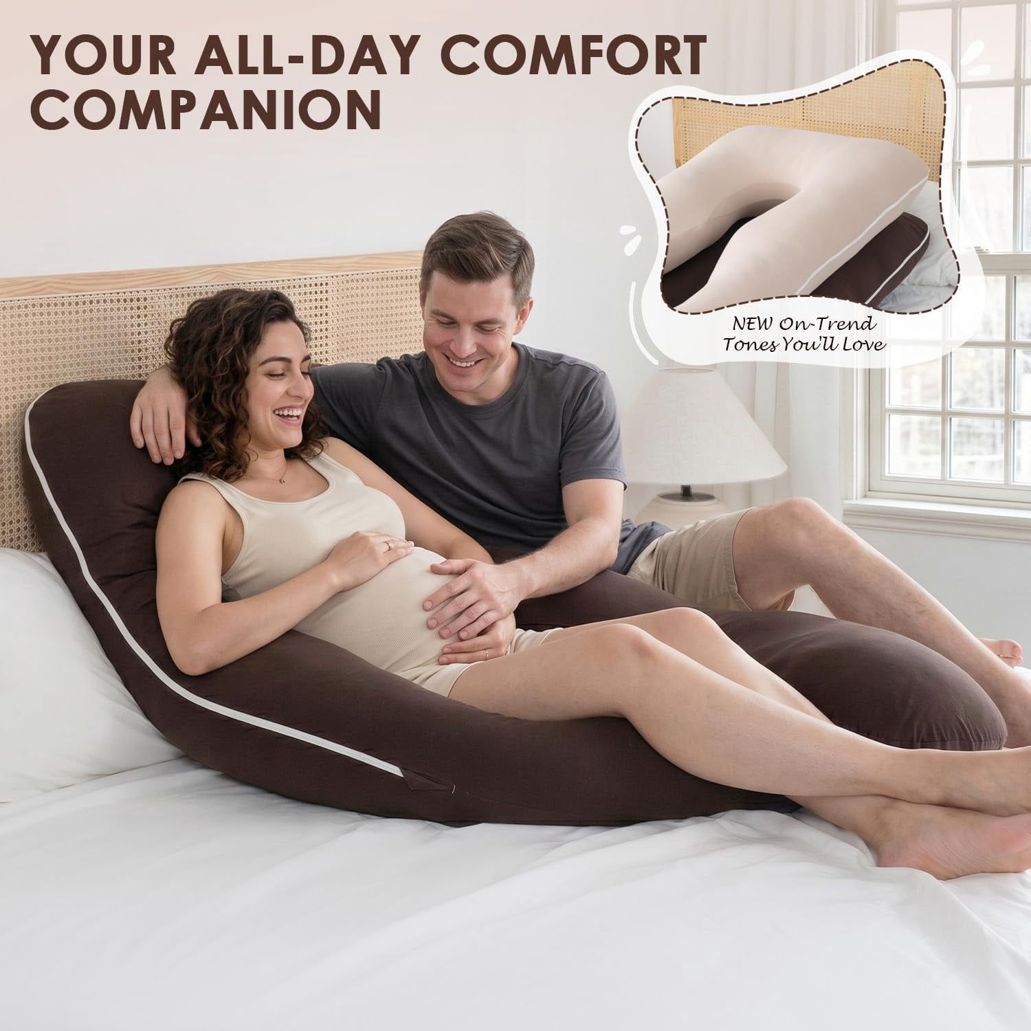 U Shaped Pillow  Breathable Cotton Full Body Support For Maternity Coffee