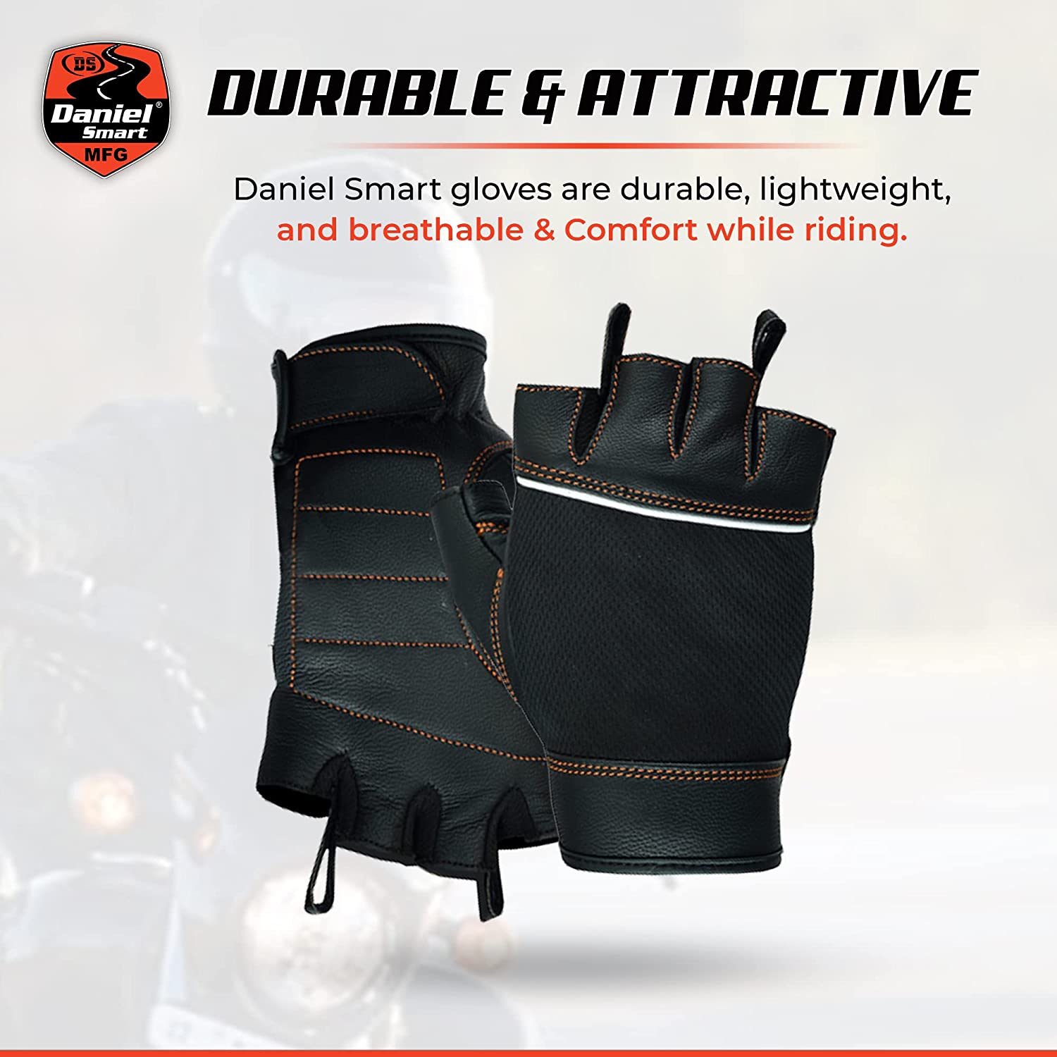 Daniel Smart Women’s Leather Gloves – Goatskin Leather Fingerless Motorcycle Gloves with Gel Palm and Reflective Stripes