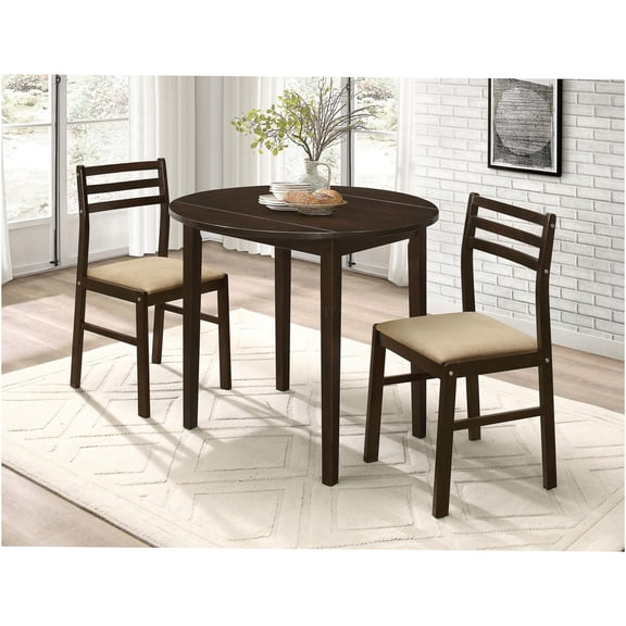 JERFIT 3-Piece Cappuccino Drop Leaf Dining Set with Round Table & 2 Upholstered Chairs for Small Space