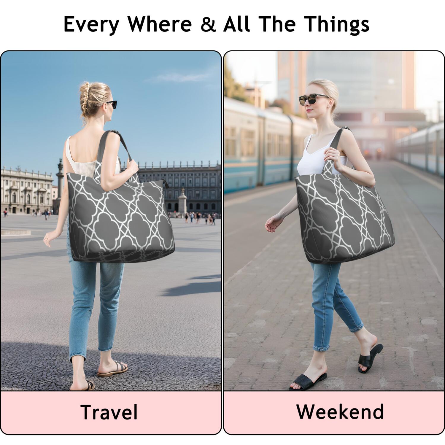 Gray Geometric Quatrefoil Pattern Travel Tote Bags for Women Carry On,Large Weekender Bags for Women Travel,Multi Functional Duffle Bag for Work,Shopping,Sports