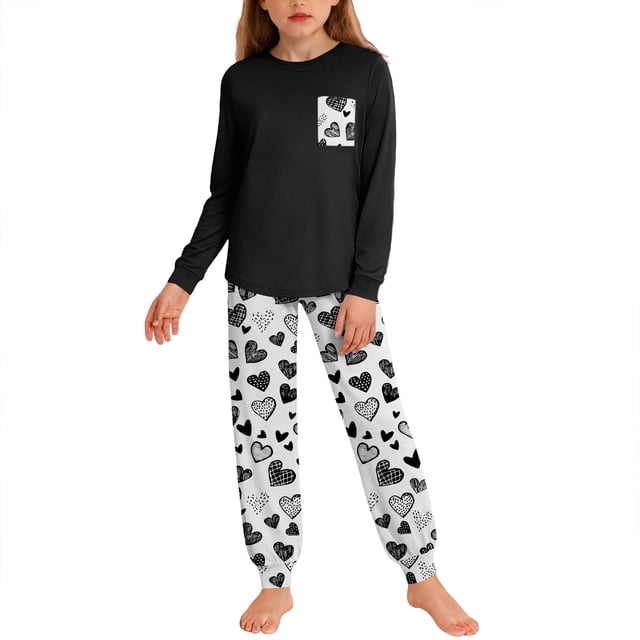 Conjuntos de blusa y camisa de manga larga con cuello redondo para niños y niñas de 5 a 14 años con estampado y bolsillo. Conjunto de top y pantalón de manga larga.