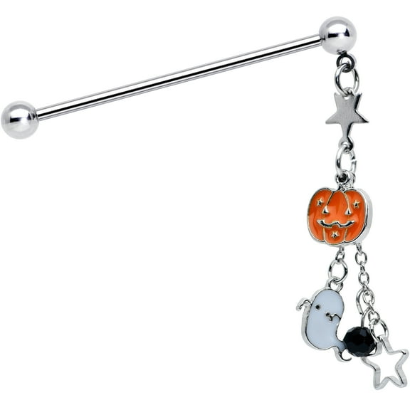 Body Candy Womens 14G Steel Helix Pumpkin Ghost Chain Dangle Industrial Barbell 1 1/2