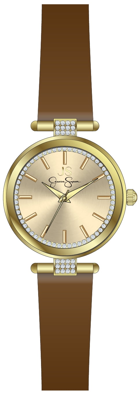 Jessica Simpson 36mm Gold Tone Crystal Accent Mettalized Bezel Brown Strap Ladies Watch
