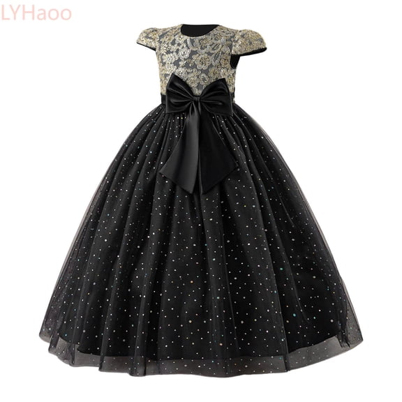 LYHaoo Girls Dress With Embroidery Flutter Sleeves Tutu Party Gown For Birthday Celebration And Elegant Bow Formal Attire，Girls Dresses for School Sizes 10-11 Years Black