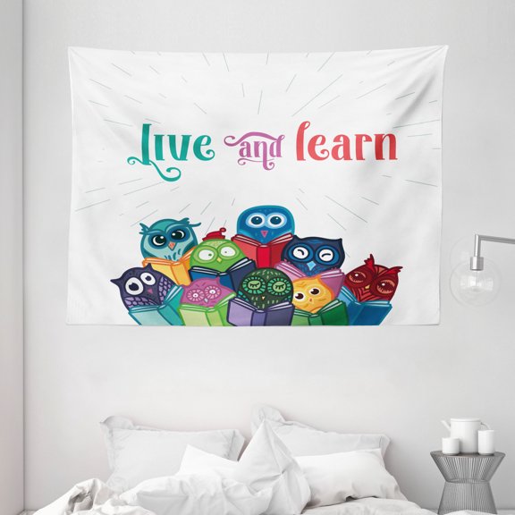 Cartoon Tapestry, Kids Nursery Room Decor with Toy Like Animals Owls Birds Reading Books Artwork, Wall Hanging for Bedroom Living Room Dorm Decor, 80W X 60L Inches, Multicolor, by Ambesonne