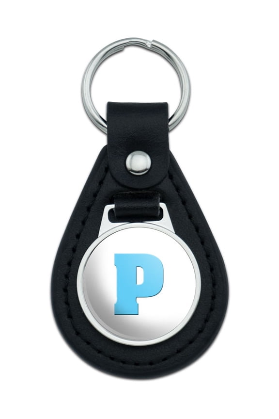 Letter P Initial Baby Boy Block Font Blue Shower Black Leather Keychain