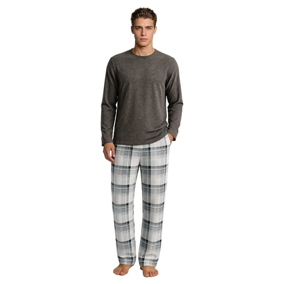 Vulcanodon Mens Pajama Sets, Soft Lounge Pajama for Men Long Sleeve Cozy Sleepwear with Pockets(DARK GREY MEL./GREY WHITE PLAID, S)