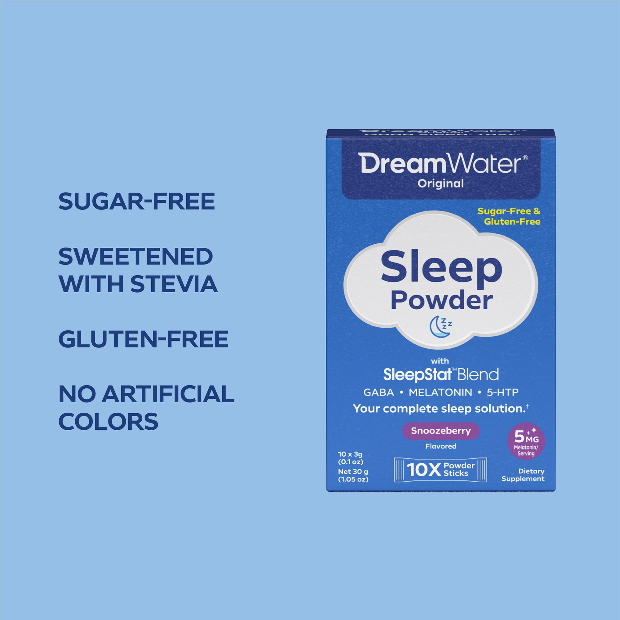 Dream Water Sleep Aid Snoozeberry Powder Packet W/ 5mg Melatonin, GABA, 5-HTP, 10-Count