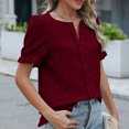 thumbnail image 6 of ZyeKqe Womens Button down T Shirts Dress Short Puff Sleeve Crew Neck Blouses Work Office Tunic Tops, 6 of 7
