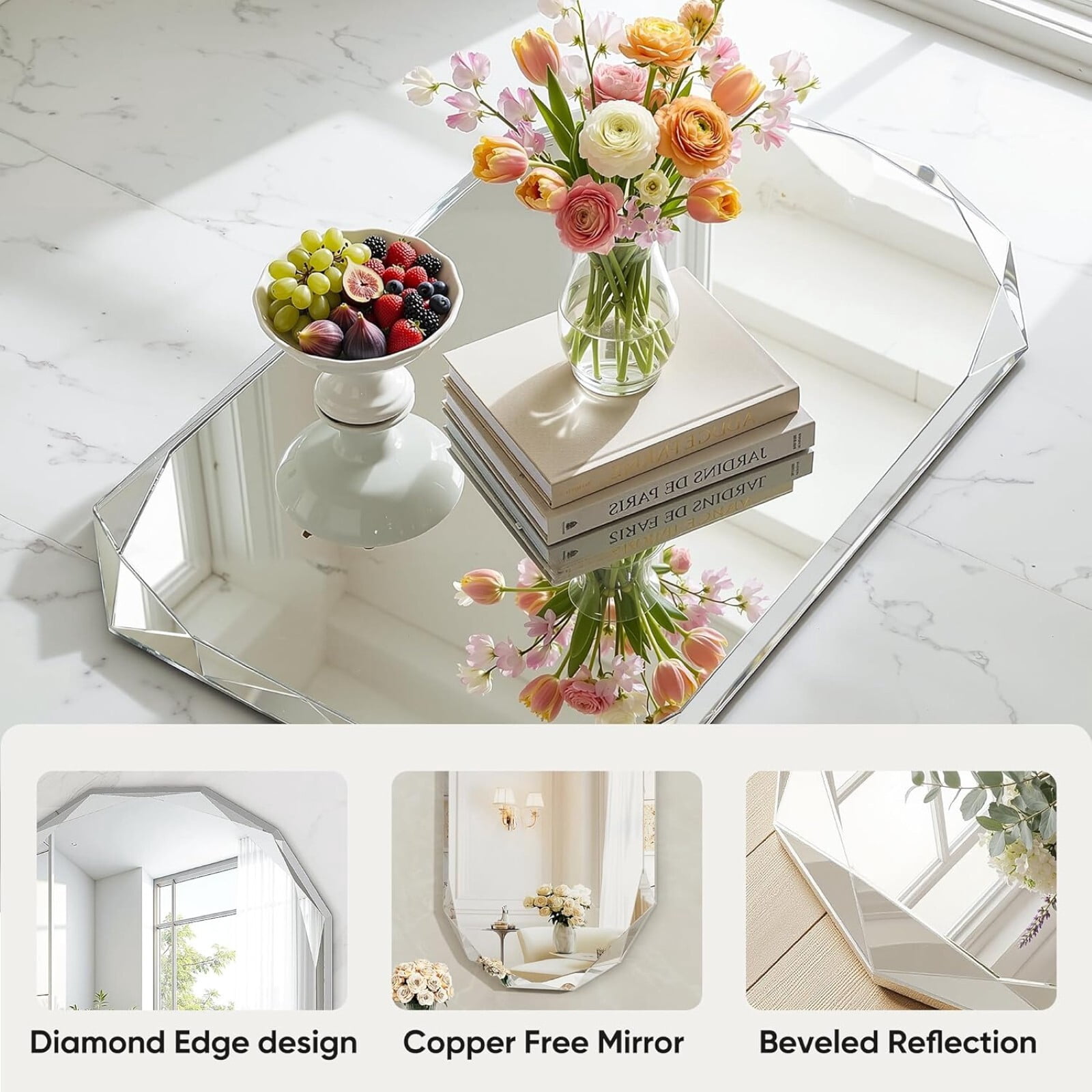 Gleamira 30"x40" Frameless Arched Bathroom Mirror Beveled Diamond Edge Wall Mirror Vanity Decorative Mirror