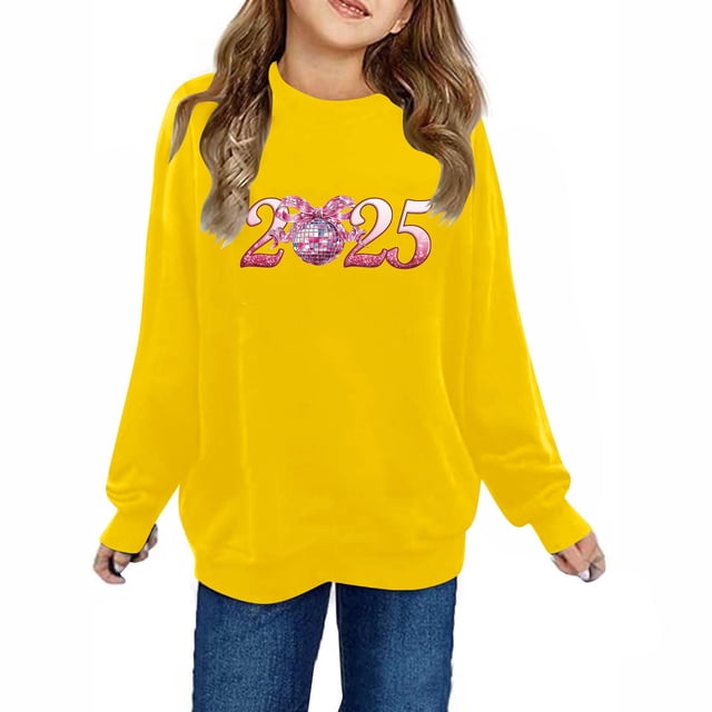 Chandails en Molleton pour Petites Filles 2025 Coton Manches Longues Col Rond Chandail-Over Chemise pour Enfants Jaune
