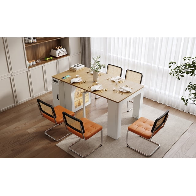 HORIZON Extendable Dining Table with 3 Removable Middle Leaves, Mobile Rolling Island Table with Power Outlet, Cabinet with Storage for dining room and living room (CREAMY WHITE + NATURAL)