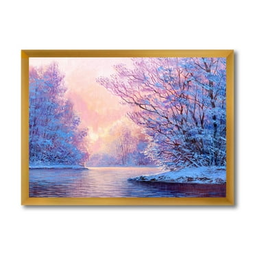 Designart 'The River Original With Winter Landscape' Lake House Framed Art Print