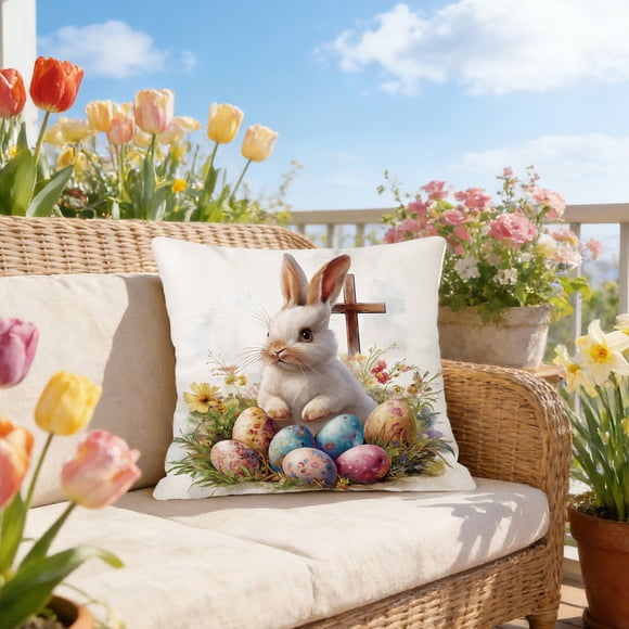 Funda de cojín decorativa de lino con estampado festivo de conejos y huevos | Funda de cojín decorativa para sofá, sillón o dormitorio | Detalle decorativo de Pascua para el hogar
