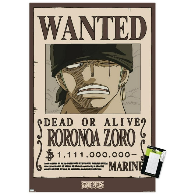Une Pièce - Affiche Murale de Roronoa Zoro Recherché, Affiche Mettant en Vedette un Gros Plan Centré du Visage de Roronoa Zoro avec un bandana Noir et Trois Boucles d'Oreilles Créoles Dorées sur l'Oreille Gauche de Roronoa Zoro, Grimaçant. l'Affiche beige Affiche « Wanted DEAD OR ALIVE Roronoa Zoro » avec une Prime de 1 111 000 000 et Comprend le logo une Pièce et l'Emblème Marin. Cette Oeuvre